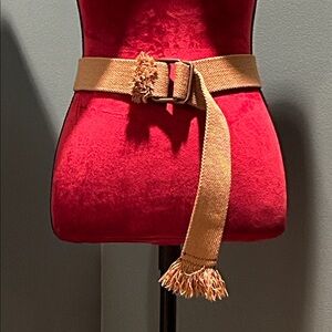 Tan Canvas Belt with Metal Buckle and Fringe Detail